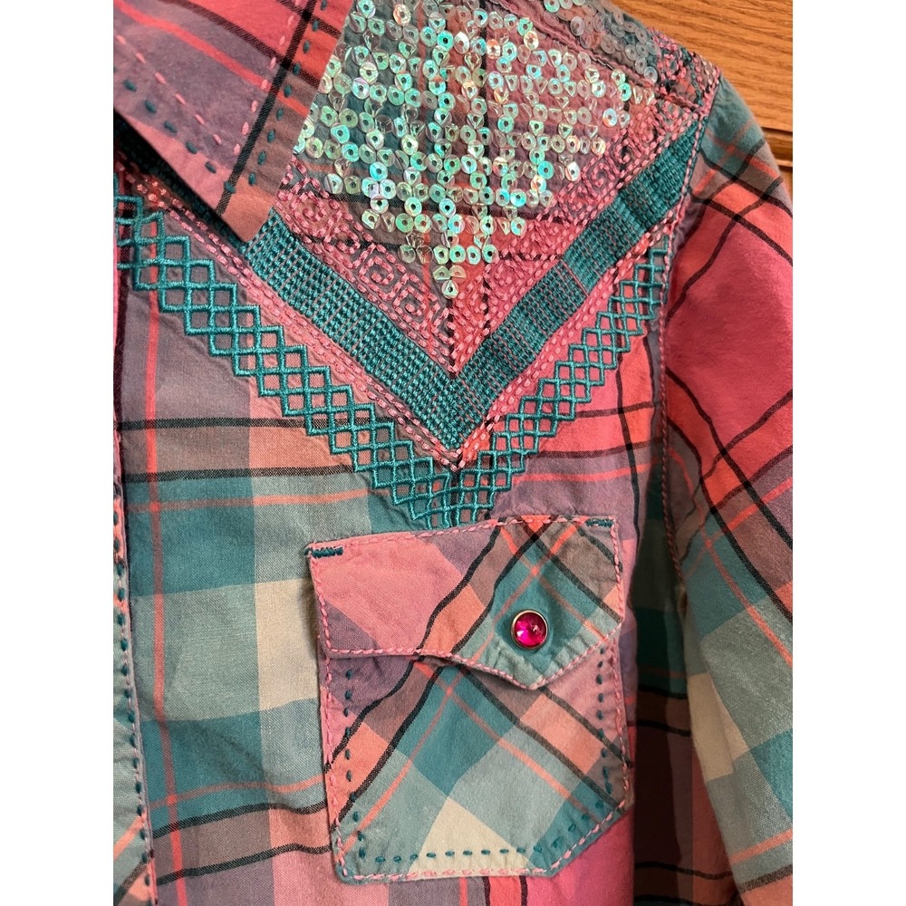 Cowgirl Up Pink Plaid Sequin Snap Shirt Womens Small Western Rodeo - Picture 4 of 12